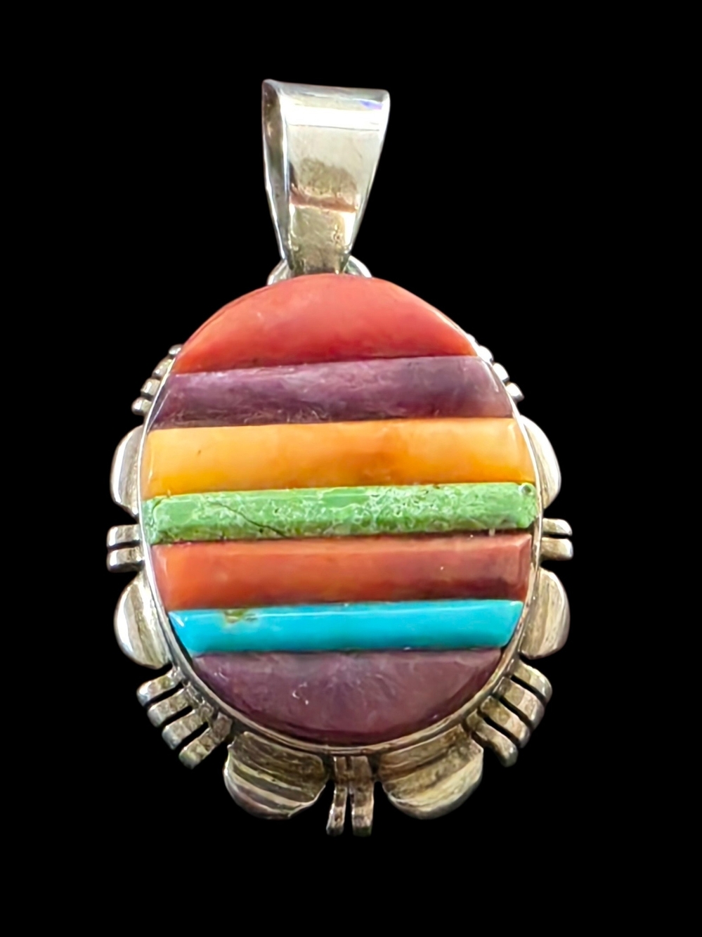 JJ Sterling Inlaid Coral, Spiny Oyster, Turquoise, Gelspite Pendant